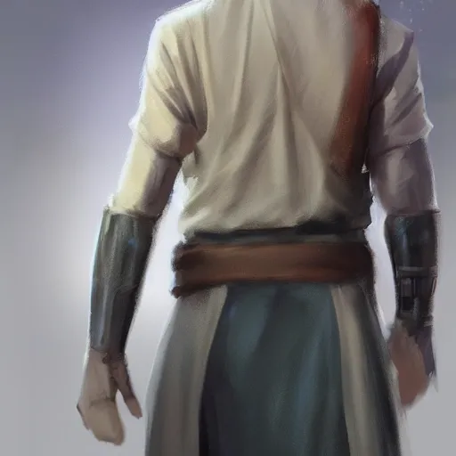 Image similar to full body Over-the-Shoulder Shot of a young blonde male jedi with short hair concept art by Doug Chiang cinematic concept art, realistic painting, high definition, digital art, matte painting, symmetrical, very detailed, realistic, dramatic lighting, cinematic, establishing shot, extremely high detail, photo realistic, cinematic lighting, post processed, concept art, artstation, matte painting, red color scheme, the Mandalorian concept art style