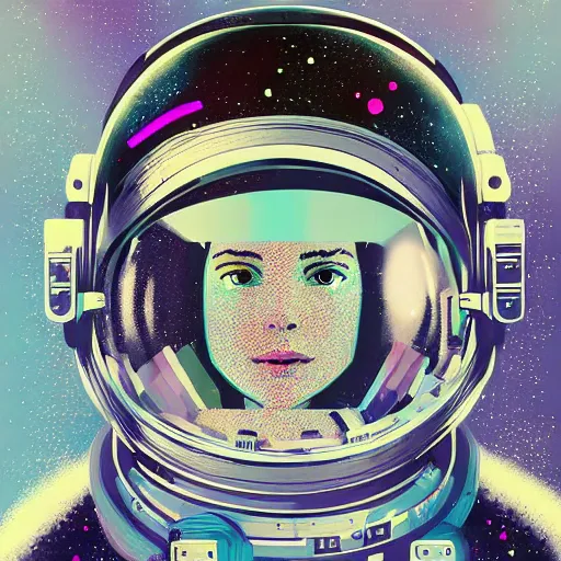 Prompt: portrait of an astronaut girl with helmet and wearing chromatic suit by Petros Afshar and Beeple, highly detailed