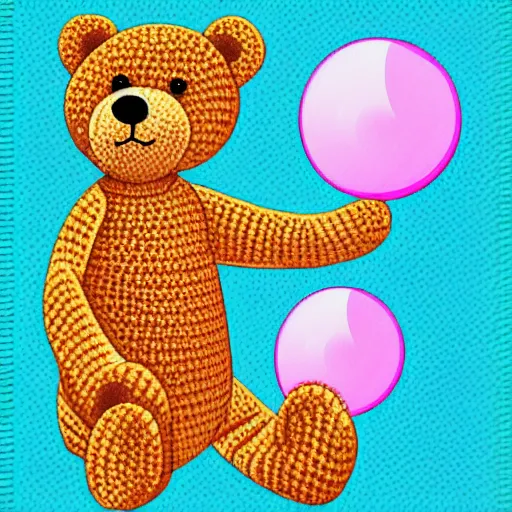 Prompt: teddybear surrounded by bubbles, vector art, crochet, cute, art print, lithography