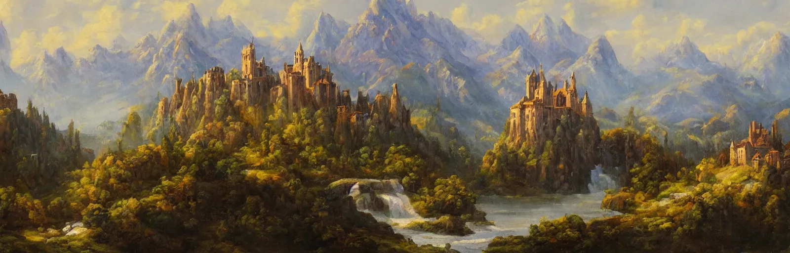 Prompt: landscape painting of multiple large castles connected,mountains,oil canvas,by Paul Bril,masterpiece,high quality,pretty,fantasy