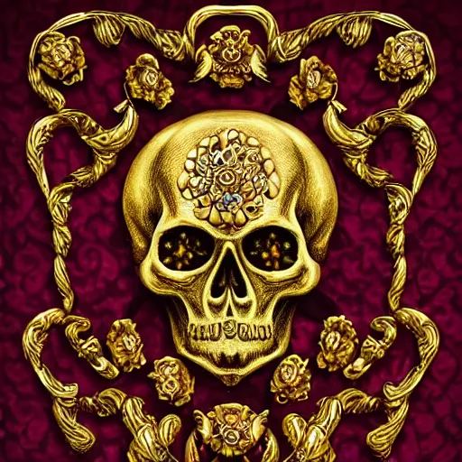 Prompt: many gold skulls with flowers and jewerly, ornate, elegant, intricate, royal, highly detailed, 4 k, hd, digital art