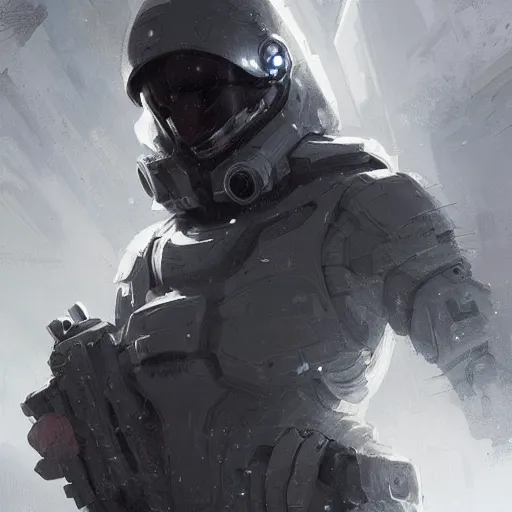 Prompt: scifi art by Greg Rutkowski, a man wearing futuristic tactical gear, colored in white and black, claustrophobic and futuristic environment, detailed and intricate environment, high technology, highly detailed portrait, digital painting, artstation, concept art, smooth, sharp foccus ilustration, Artstation HQ