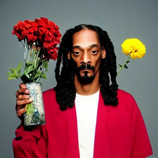 Prompt: Snoop Dogg angry while holding a Vase of flowers for a 1990s sitcom tv show, Studio Photograph, portrait, anger C 12.0