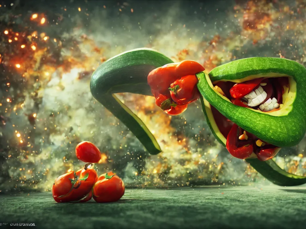 Image similar to detailed 3 d render of a raging zucchini!! character chasing!! down a desperate tomato!, high speed action, explosions, dramatic scene, hyper realistic octane render, cinematic lighting, deviantart, black sky, lowbrow, frame from pixar movie