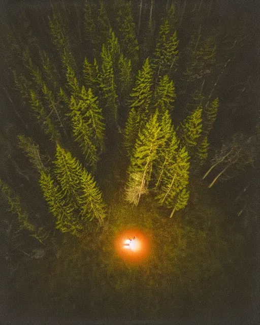 Image similar to werewolf in forest at night, shot from drone, grainy, polaroid