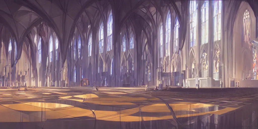 Image similar to a futuristic cathedral interior with holograms all over, ralph maquarrie and syd mead cinematic painting, 4 k