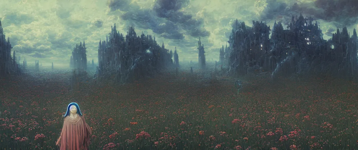 Prompt: panorama of beautiful gothic landscape, warhammer, japanic style, cyberpunk, thunderstorm, more and more flowers, blue head, the middle ages, highly detailed, artstation, illustration, art by jean delville, 8 k quality, artwork by tooth wu and wlop and beeple and greg rutkowski