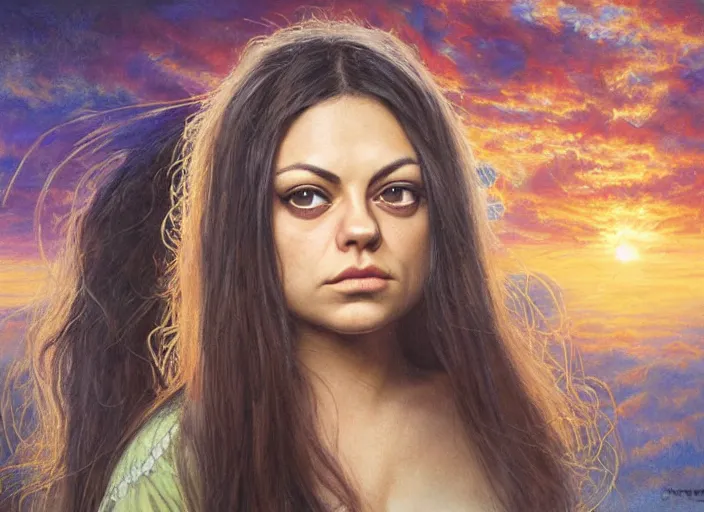 Image similar to big-eyed surprised Mila Kunis staring intensely into the camera, sundown golden hour firefly wisps, Lilia Alvarado, Sophie Anderson, Mark Arian, Bob Byerley, Charlie Bowater, Mark Brooks, Steve Henderson, Justin Gerard, Arthur Hughes, Edward Robert Hughes, Mark Keathley, Victor Nizovtsev, Carlos Shwabe, Ross Tran, WLOP