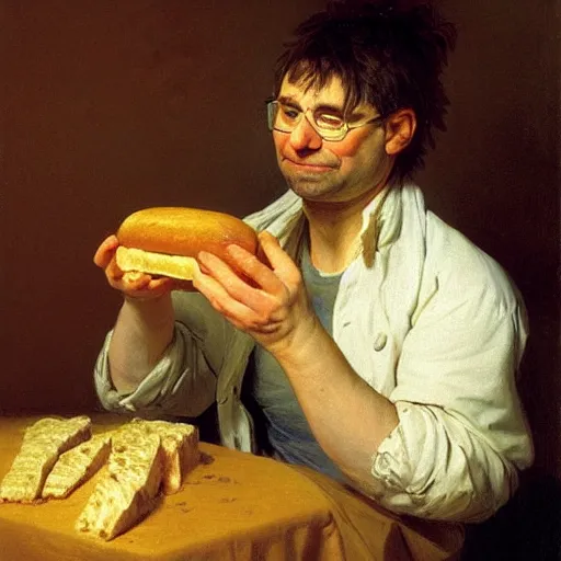 Image similar to steve albini eating a loaf of fresh bread and some good cheese or roast beef, portrait, oil on canvas, by jean - honore fragonard