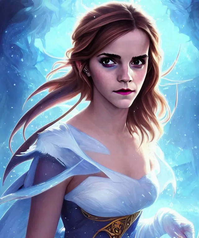 Image similar to Emma Watson as a ice magician, crystal maiden from dota 2, sci-fi, amber eyes, face, long hair, fantasy, intricate, elegant, highly detailed, digital painting, artstation, concept art, smooth, sharp focus, illustration, art by artgerm and greg rutkowski and alphonse mucha