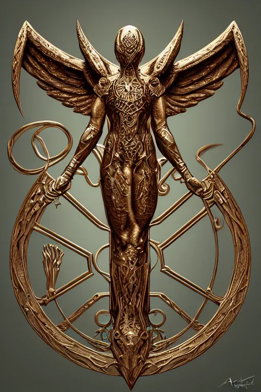 Image similar to Old alchemic symbol of archangel Gabriel. Symbol made out of metal. Cooper lining ,intricate, elegant, highly detailed, digital painting, artstation, concept art, smooth, sharp focus, illustration, art by Ilja Repin