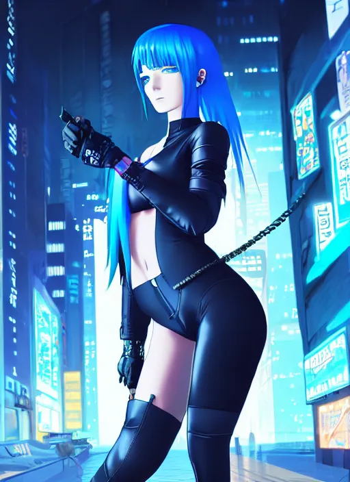 Image similar to hyper realistic photograph portrait of cyberpunk pretty girl with blue hair, beautiful blue eyes, wearing a full leather outfit, holding a whip, in city street at night, by makoto shinkai, ilya kuvshinov