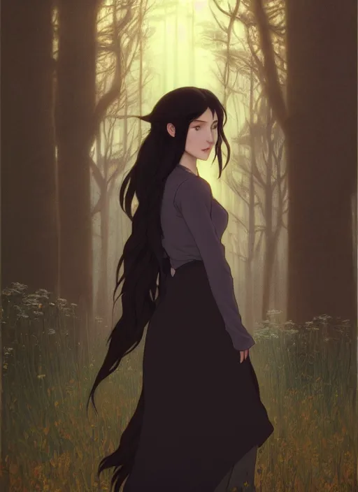 Image similar to pretty young woman with long black hair walking in the darkness, path traced, highly detailed, high quality, digital painting, by studio ghibli and alphonse mucha, leesha hannigan, makoto shinkai, disney