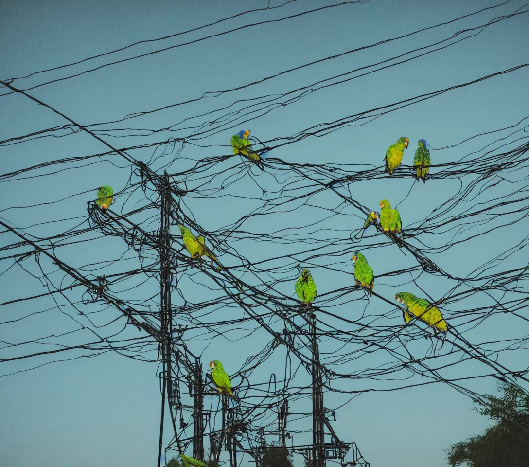 Prompt: a 3 5 mm photography at night, camera with strong flash on, of a lot of green parrots on the power lines