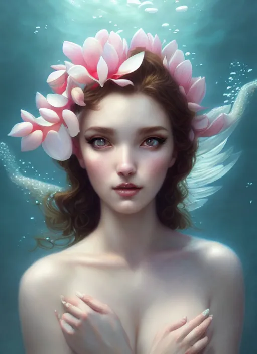Image similar to character art of a goddess of magnolias as windy dusty underwater angelic young female | | seductive - fine - face, pretty face, key visual, realistic shaded perfect face, fine details by artgerm, wlop, tom bagshaw, james jean, andrei riabovitchev, marc simonetti, trending on artstation