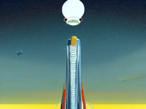 Image similar to a scifi illustration, hyper detailed external view of a space elevator. cinematic wide angle composition. flat colors, limited palette in FANTASTIC PLANET La planète sauvage animation by René Laloux