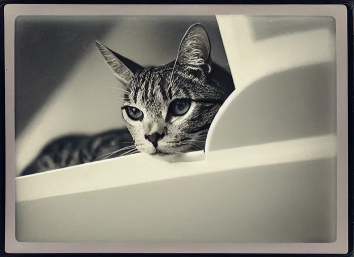 Image similar to photography polaroid of a Jack Cat . watching outside the window. on a bed. in a 70's room full of vinyls and posters, photorealistic, award winning photo, 100mm, sharp, high res