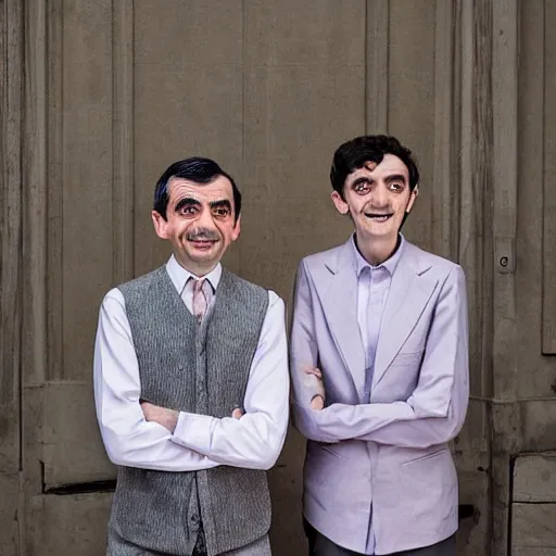 Prompt: A portrait mr bean teams up with a teenage mr bean and a female Mr Bean, everyone has a Mr Bean face, perfect faces, 50 mm, award winning photography