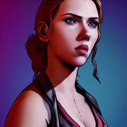 Image similar to scarlett johansson portrait, borderlands, tales from the borderlands, the wolf among us, comic, cinematic lighting, studio quality, 8 k