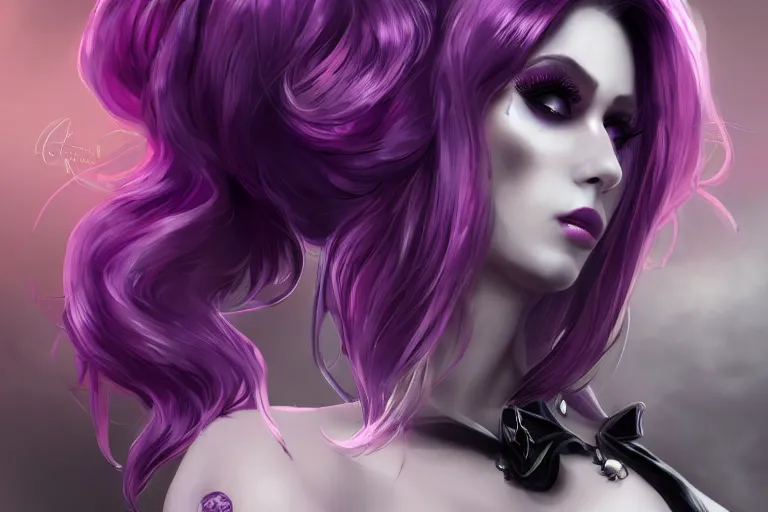 Prompt: feminine elegant goth beauty with purple hair and curvy tight black nylon outfit, cgsociety, realistic, highly detailed, attractive, 16k, smooth, sharp focus, trending on ArtStation, hyperdetailed, volumetric lighting