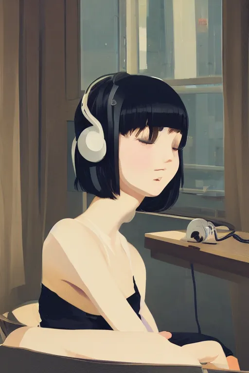 Image similar to a cute young woman lying in a ball chair listening to music with her eyes closed and wearing headphones, black bob cut hair, freckles, cozy setting, blue and white, warm lighting, cinematic, moody, nier automata, poster, oil on canvas, in the style of Ilya Kuvshinov, Krenz Cushart, Range Murata, Eero Aarnio, 8k