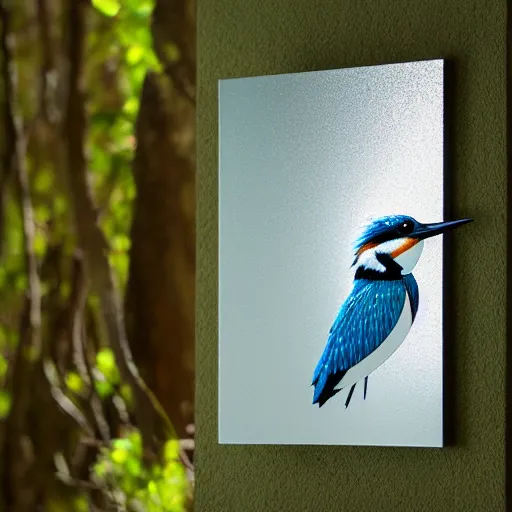 Image similar to wall art of a real life kingfisher made out of reflective crystal and very reflective polished metal, in the background is a forest, product photography