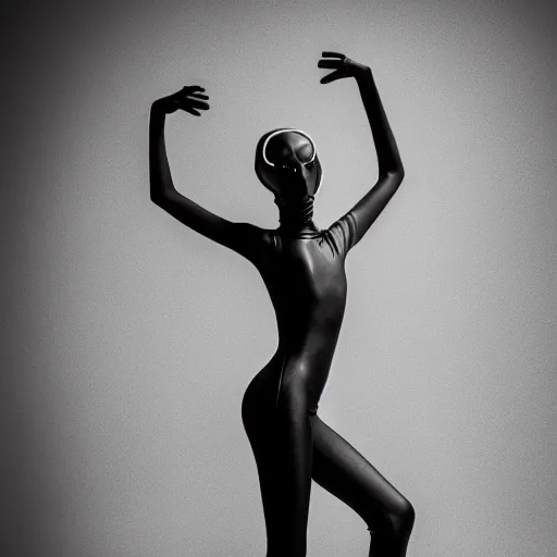 Image similar to fashion photography of a genderless alien model, full body, wearing a black leotard, photo 3 5 mm leica, hyperdetail, berghain, 8 k, very detailed, black and white