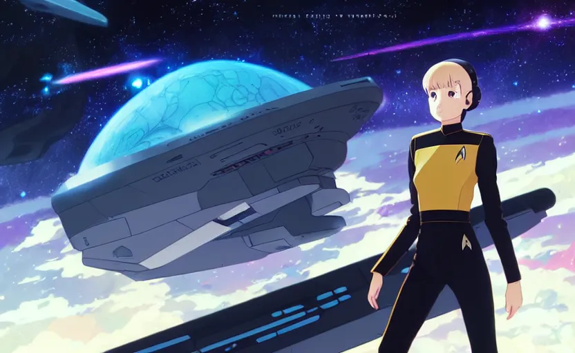 Image similar to portrait of star trek commander giving out orders, black space background, stellar battlefield landscape, illustration concept art anime key visual trending pixiv fanbox by wlop and greg rutkowski and makoto shinkai and studio ghibli and kyoto animation, federation clothing, bridge instruments