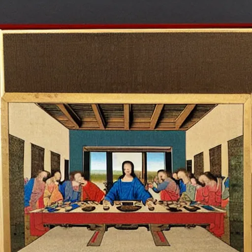 Prompt: A old Japanese woodblock style painting of The Last Supper by Leonardo da Vinci