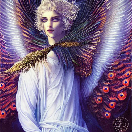 Prompt: beautiful full body male angel with peacock feathers ,wings with eyes, shining light, god rays by Karol Bak, Ayami Kojima, Amano