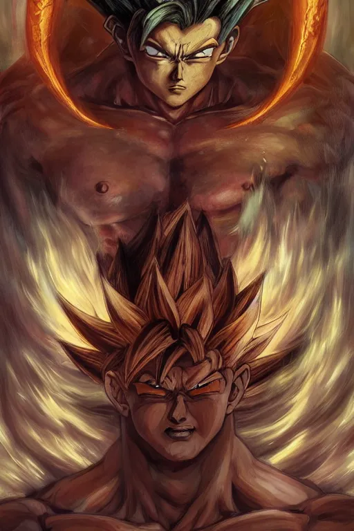 Prompt: portrait of goku as a herculian demon man, forest, full body, muscular, fantasy, intricate, elegant, highly detailed, digital painting, artstation, concept art, sharp focus, illustration, art by artgerm and greg rutkowski and alphonse mucha