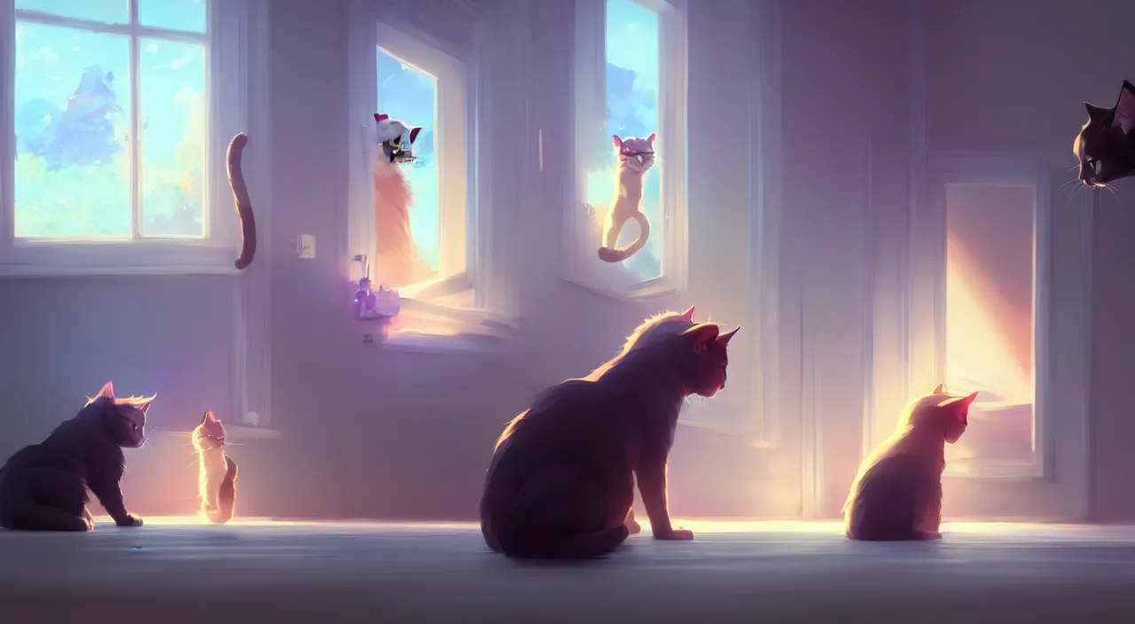 Prompt: a cat is playing around next to a man in a room. digital art. artstation. realistic. vibrant. illustration. in the style of pixar movie. octane render. art by makoto shinkai, stanley artgerm lau, wlop, rossdraws. volumetric lighting.