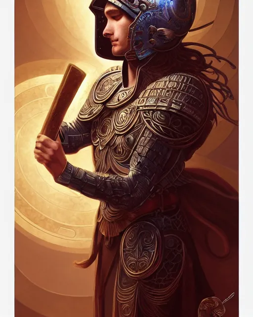 Image similar to Energetic rock guitarist wearing a roman helmet, art deco, fantasy, intricate art deco leaf designs, elegant, highly detailed, sharp focus, art by Artgerm and Greg Rutkowski and WLOP