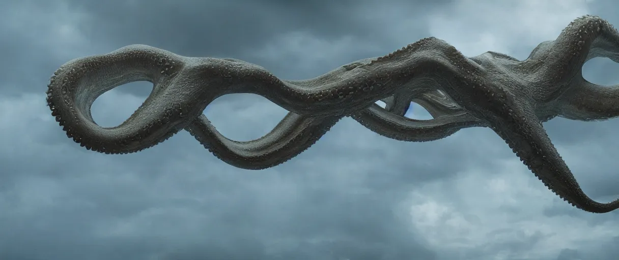 Image similar to a giant octopus tentacl hanging from the clouds over a rain forest, still from the movie the arrival, 8k