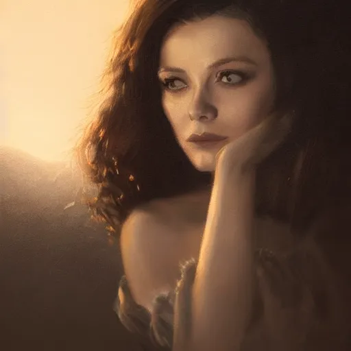 Image similar to closeup portrait of a young vivian leigh, depressed, chiaroscuro, city background, night, moon, dramatic lighting, complementary contrast, high detail, painted by greg rutkowski, painted by igor kieryluk, trending on artstation