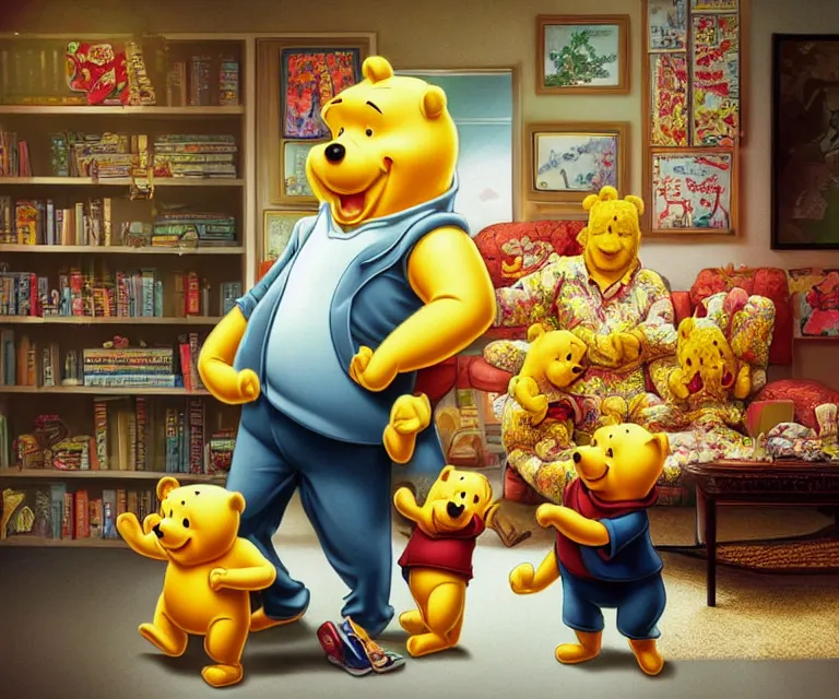 Prompt: hyperralism pineapple express movie still photography of real detailed xi jinping with detailed face smoking detailed weed in detailed basement bedroom with winnie the pooh hyperrealism photography by araki nobuyoshi