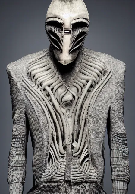 Image similar to an award - winning photo of an ancient male model wearing a plain designer menswear jacket inspired by h. r. giger designed by alexander mcqueen