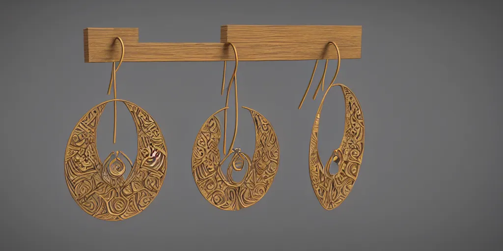 Image similar to earring design, jewelry design, wood, nordic, art deco, intricate, elegant, material, product design, trending on artstation, cgsociety, photo realistic, design by ziva cph and isabel lennse and kalevala, 8 k, unreal engine, c 4 d