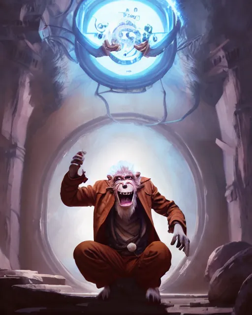 Image similar to Monkey Mad Scientist, laughing, D&D, artstation, fantasy, magic the gathering artwork, cinematic lighting, centered, symmetrical, highly detailed, digital painting, , concept art, smooth, sharp focus, illustration, volumetric lighting, epic Composition, 8k, art by Akihiko Yoshida and Greg Rutkowski and Craig Mullins, oil painting, cgsociety