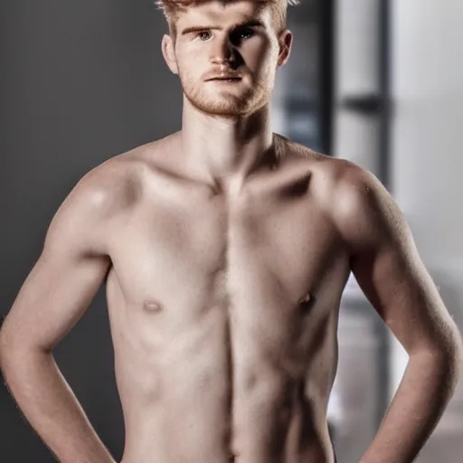 Prompt: a realistic detailed photo of a guy who is an attractive humanoid who is half robot and half humanoid, who is a male android, soccer player timo werner, shiny skin, posing like a statue, blank stare, in a living room, on display, showing off his muscles