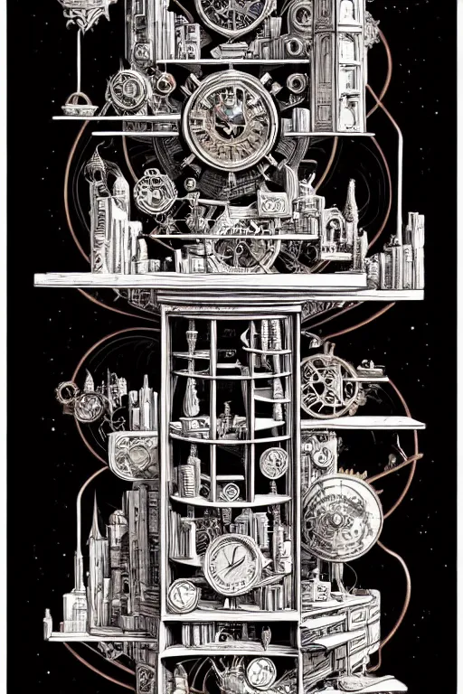 Image similar to a majestic steampunk alchemists bookshelf, two point perspective, furniture, high details, bold line art, by vincent di fate and joe fenton, inking, etching, screen print, masterpiece, trending on artstation, sharp, high contrast, hyper - detailed,, hd, 4 k, 8 k