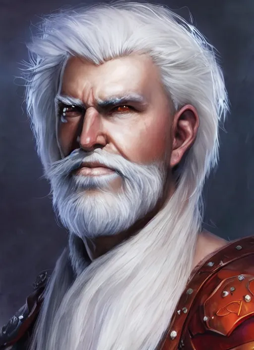 Image similar to man with white hair and white goatee, dndbeyond, bright, colourful, realistic, dnd character portrait, full body, pathfinder, pinterest, art by ralph horsley, dnd, rpg, lotr game design fanart by concept art, behance hd, artstation, deviantart, hdr render in unreal engine 5