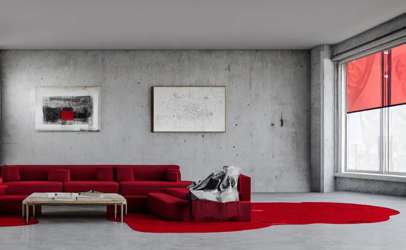 Image similar to a concrete room with a wooden table and a leather sofa and paintings on the wall, high quality, 8 k, architecture, symmetrical, harmonious, black white and red colours, calm, high coherence, natural lighting, path traced, highly detailed, hyperrealistic, concept art, octane render, unreal engine 5, trending on artstation, beautiful, elegant