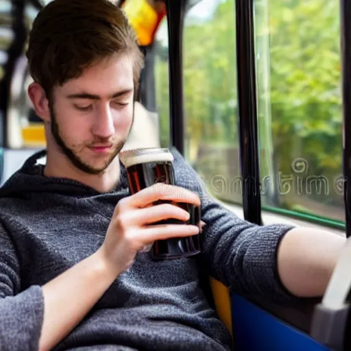 Prompt: a tired young university student is riding a crowded bus with a couple of fizzy dark beer bottles in his hands. student is looking at his smartphone. close up 4 k photo, bokeh, 5 0 mm, stock photo