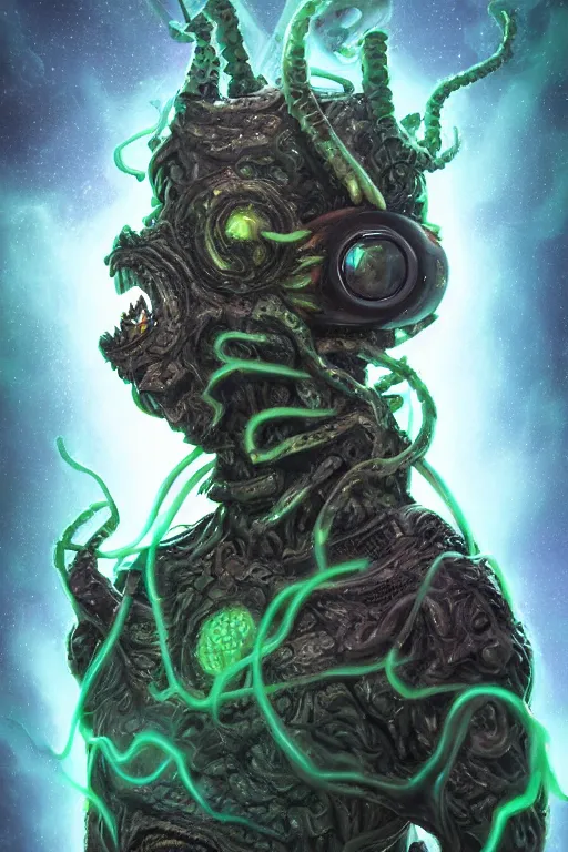 Image similar to rick and morty fused with lovecraft and vader helmet predator tentacle beard, realistic portrait, high details, intricate details, by vincent di fate, artgerm julie bell beeple, 90s, Smooth gradients, octane render, 8k, volumetric lightning, photo, High contrast, duo tone, depth of field, very coherent symmetrical artwork