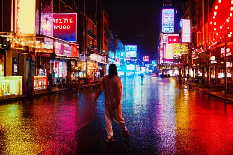 Prompt: a cinematic photograph of jesus walking through a utopian city street on a sunny day, rain falls, neon advertisement light up the street, ultra realistic, high definition