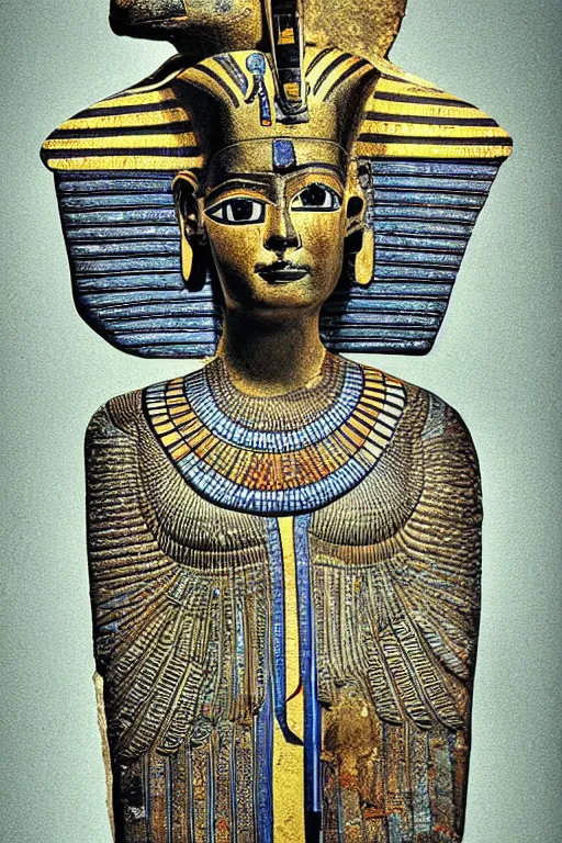 Image similar to a highly detailed beautiful portrait of a egyptian god with facial expression : happy in the style of philippe faraut.