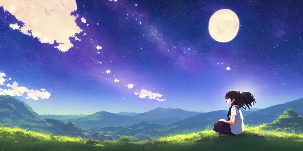 Prompt: a schoolgirl girl sat on the hillside and looked at the stars in the night sky, spectacular milky way, shining meteor, official media, anime key visual, detailed, artwork by makoto shinkai. - h 5 7 6