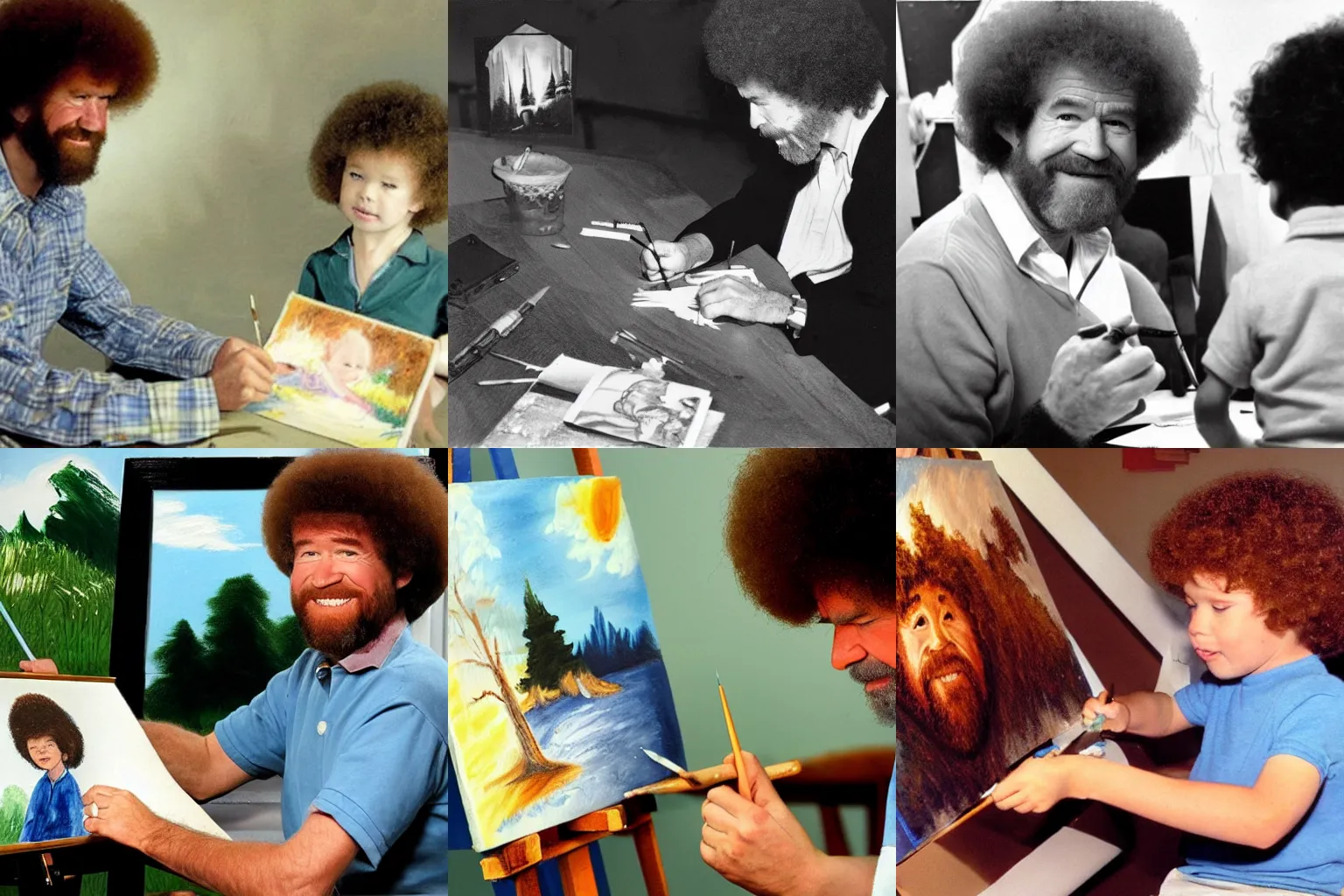 Prompt: Bob Ross painting a child\'s drawing