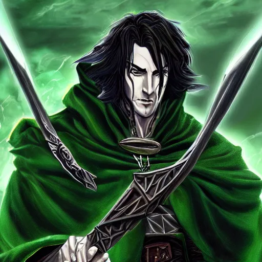 Prompt: Warlock, wearing dark green robes, controlling shadows, digital painting, D&D, highly detailed, 4k, sharp, smooth, castlevania anime